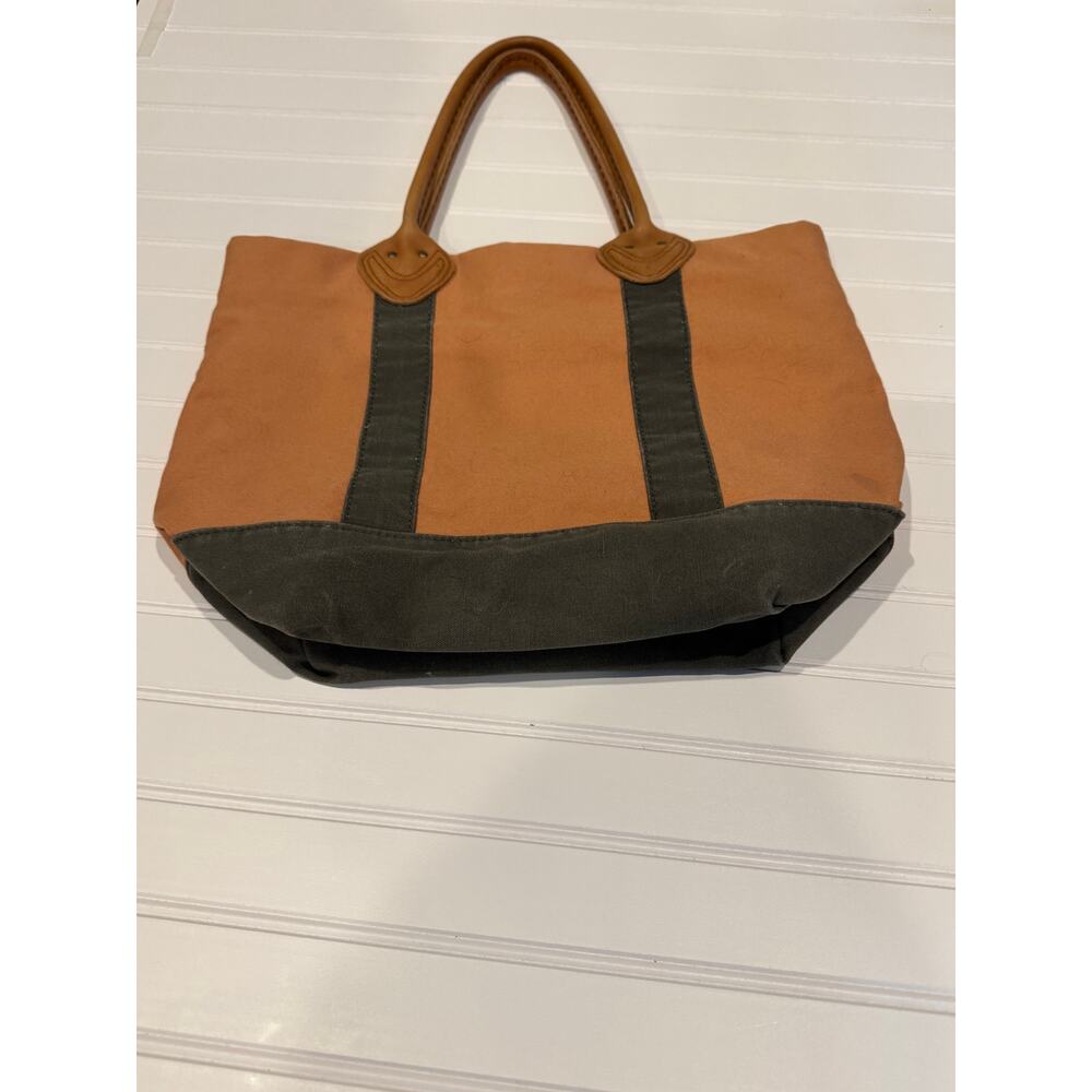 L.L. Bean Leather Handles Boat Tote Bag Canvas Plaid Brown Green Vintage 90s - Picture 4 of 7
